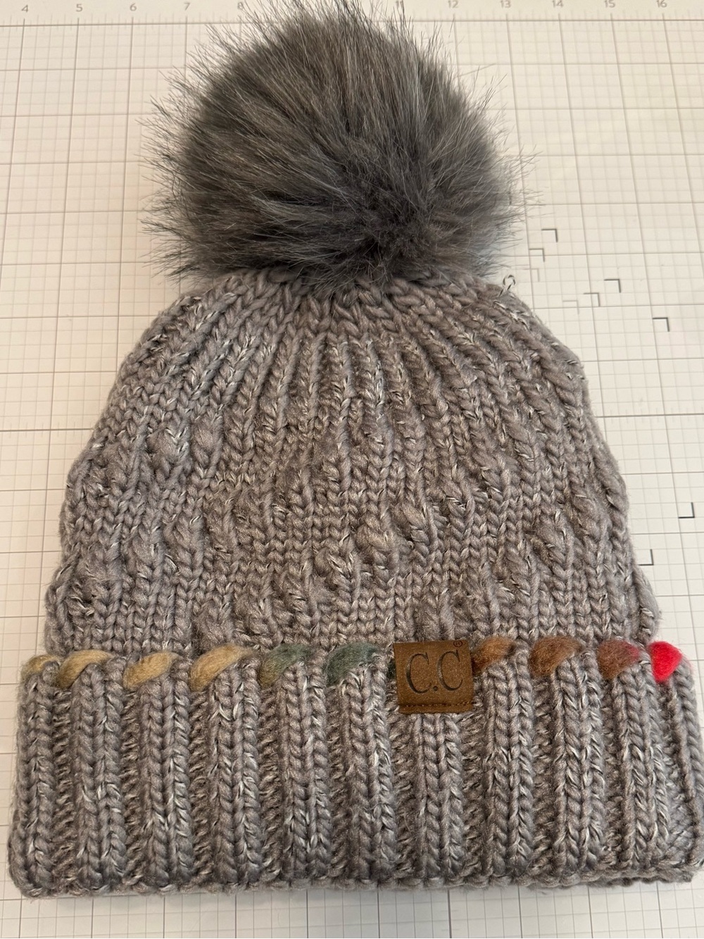 C.C Gray Knit Pom Beanie Hat with Multicolor Accent